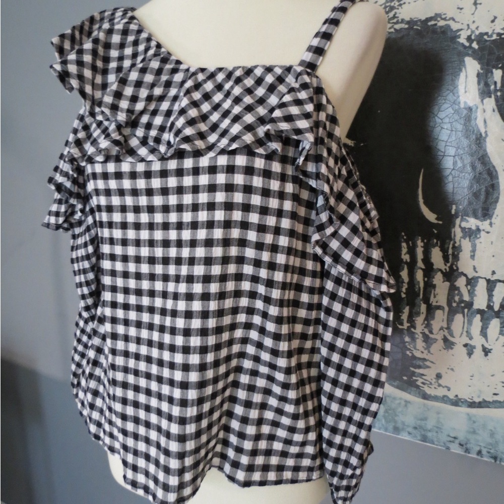 Express Cold Shoulder Gingham Ruffle Blouse - Picture 2 of 5